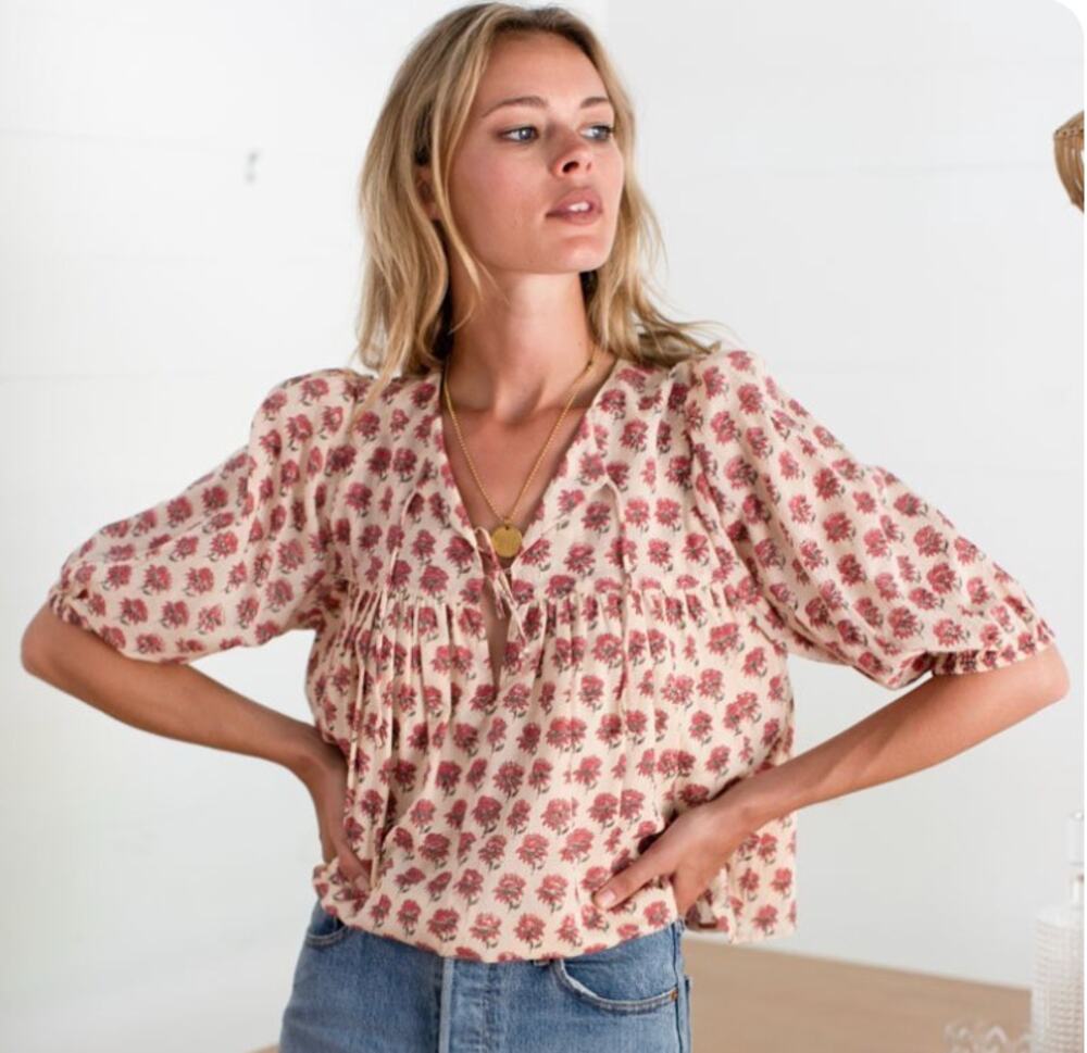 Emerson Fry Puff Isla Cotton Top in Alma Print Pink Wildflowers Size XS Small
